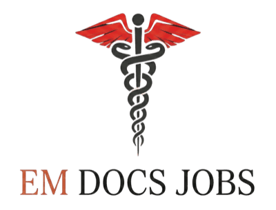 EM Docs Jobs Logo - Medical caduceus symbol with red wings