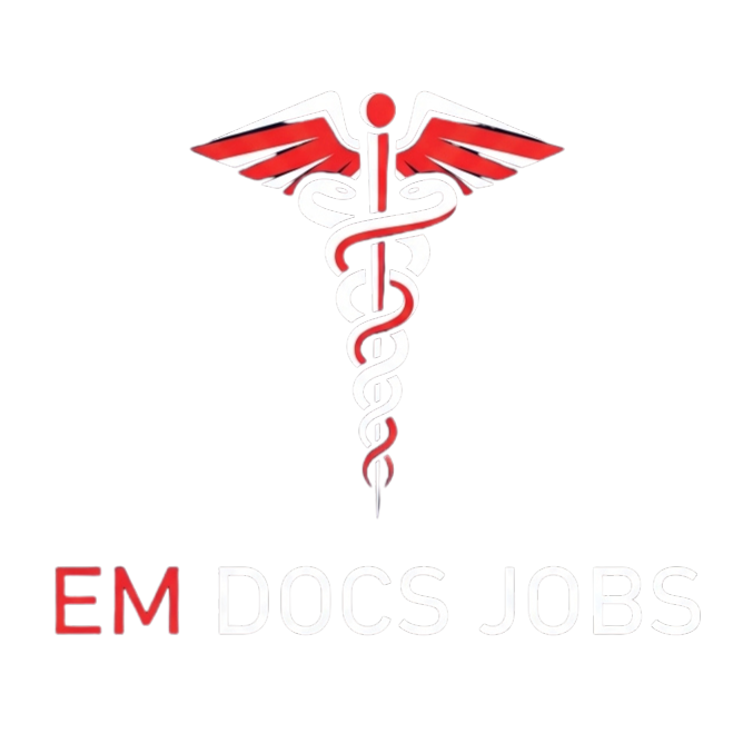 EM Docs Jobs Logo - Medical caduceus symbol in red and white