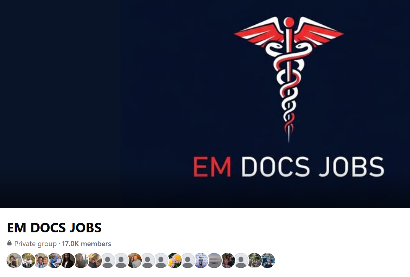 Screenshot of EM Docs Jobs Facebook Group showing 17,000 active Emergency Medicine physicians looking for jobs